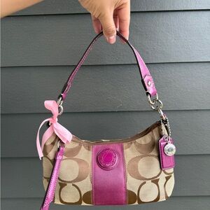 Coach Pink and Tan Signature Shoulder Bag